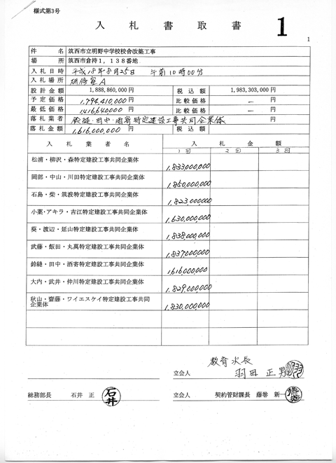 筑西市立明野中学校校舎改築工事　入札書取書