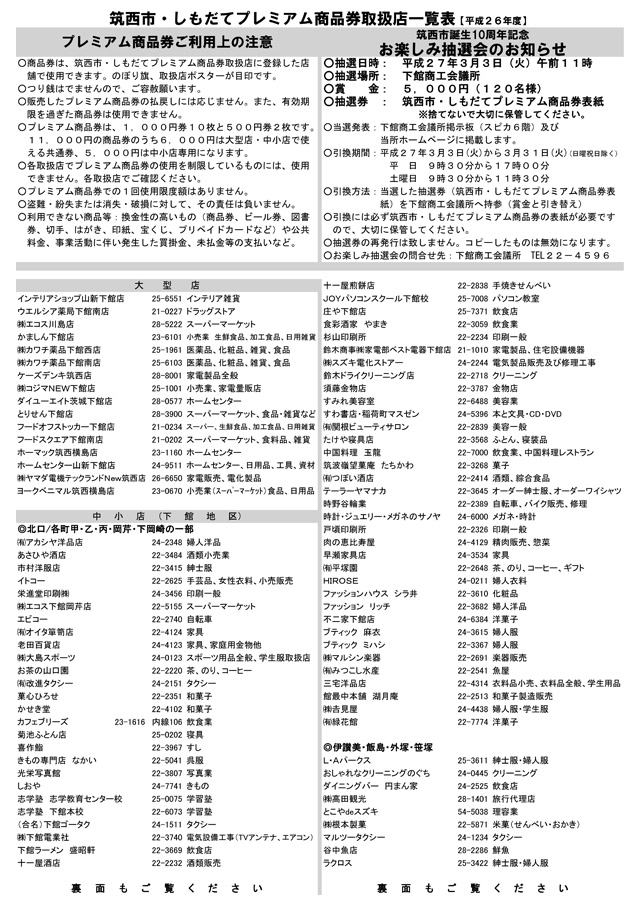 筑西市・プレミアム商品券 取扱店一覧表