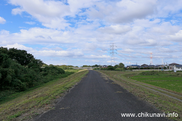 正面に鉄塔がそびえ立って見える小貝川東側(左岸)堤防 [2022年10月14日撮影]