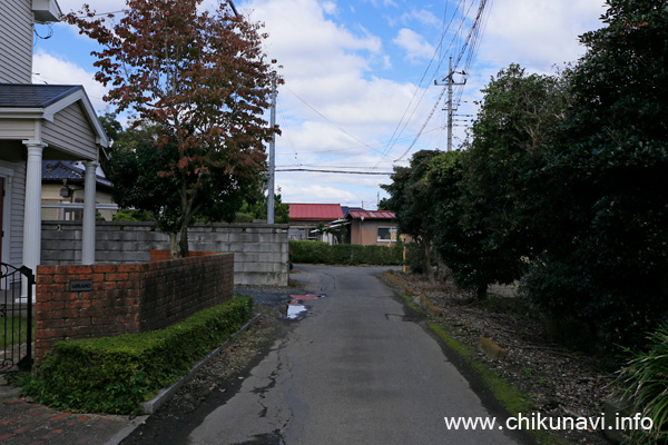 消防署から小貝川堤防までの道 この先を右折 [2022年10月14日撮影]