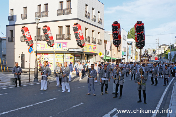 下館祇園まつり アルテリオ南側に並ぶ高張提灯 [2025年7月27日撮影]